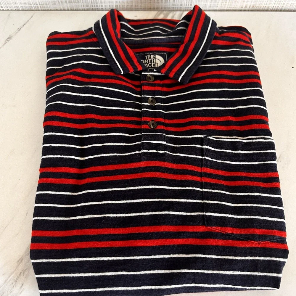 The NorthFace Striped Polo Shirt Mens Large L Short‎ Sleeves Red White Blue BxQ